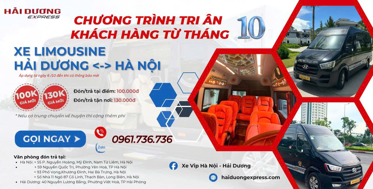 Xe limousine Hà Nội Hải Dương đón tận nhà - HẢI DƯƠNG <->HÀ NỘI; HẢI DƯƠNG<->NỘI BÀI